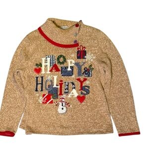 Vintage holiday Sweater‎ purl knit embroidered marled Medium tan red snowman